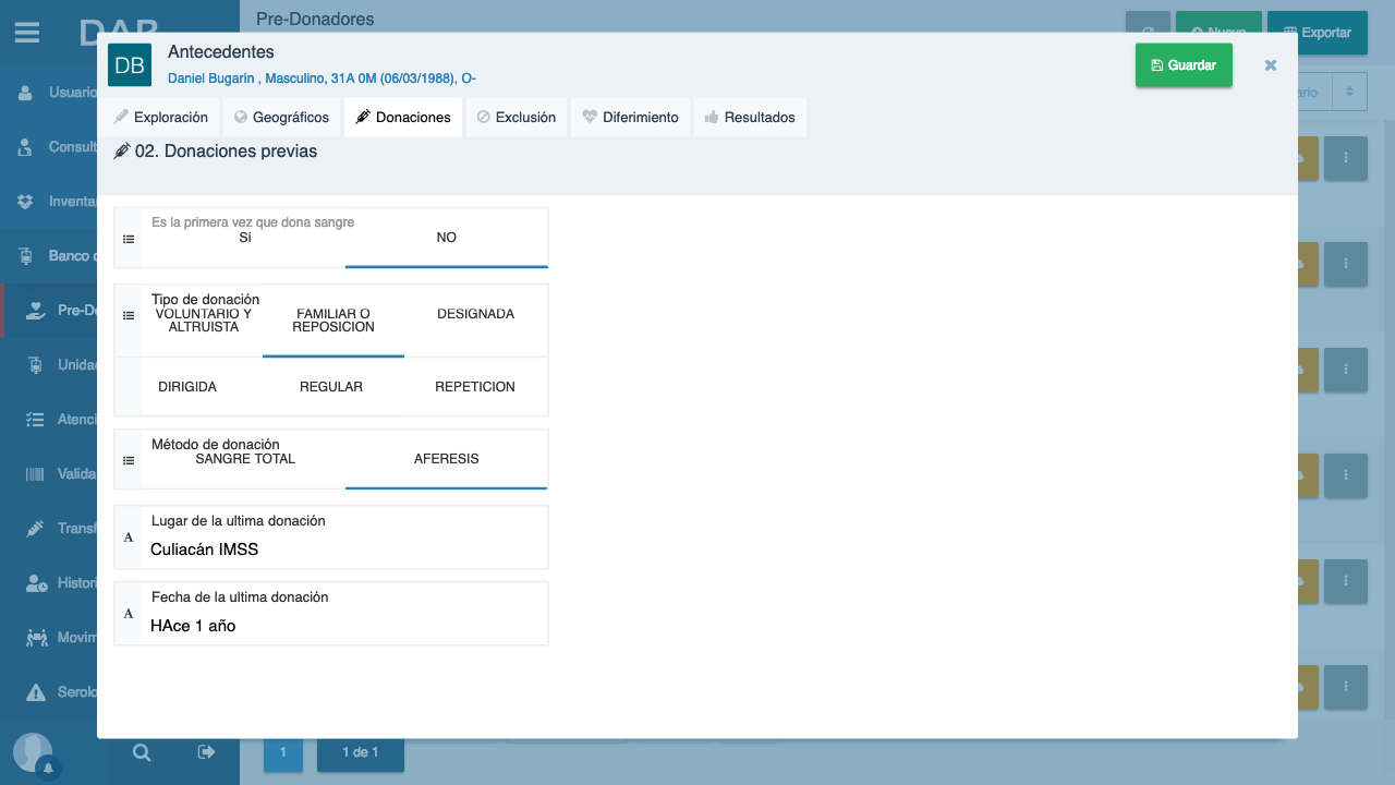 Evaluación clínica en sección Donaciones