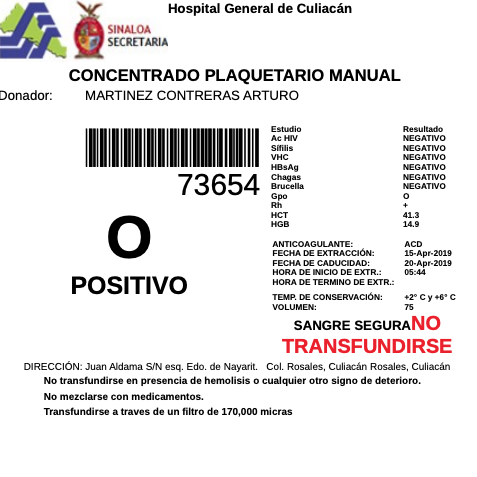 Etiqueta de sangre segura No transfundible