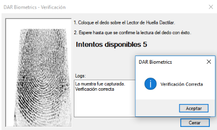 Verificación de huellas correcta